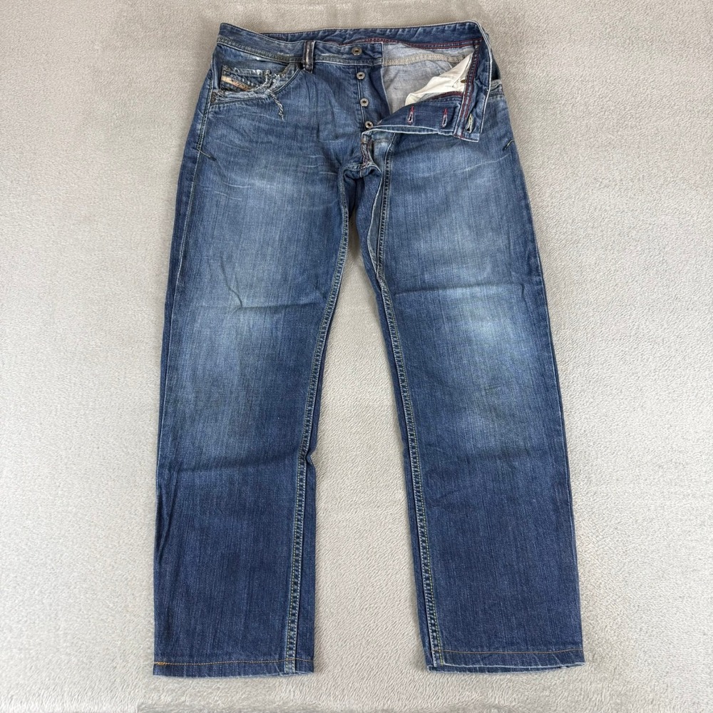 Diesel Button Fly Straight Leg Jeans Mens 34x30 Blue Denim Distressed Cotton